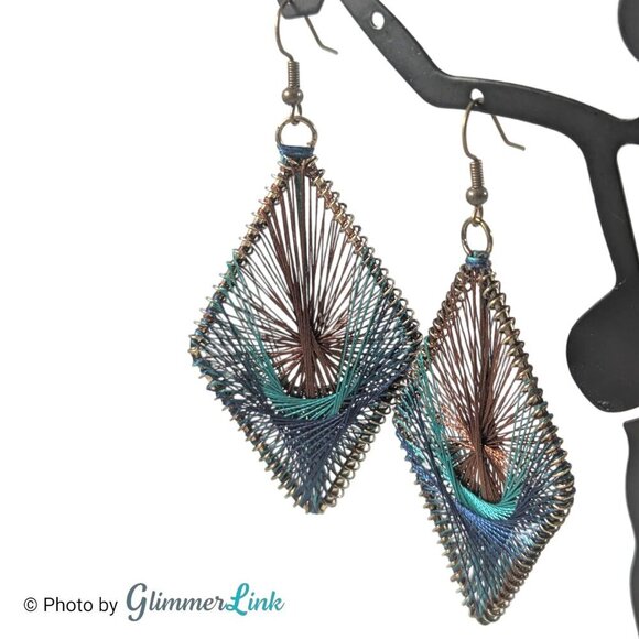 Teal Blue & Brown Diamond Shaped Threaded Long Dangle Earrings - Picture 2 of 7
